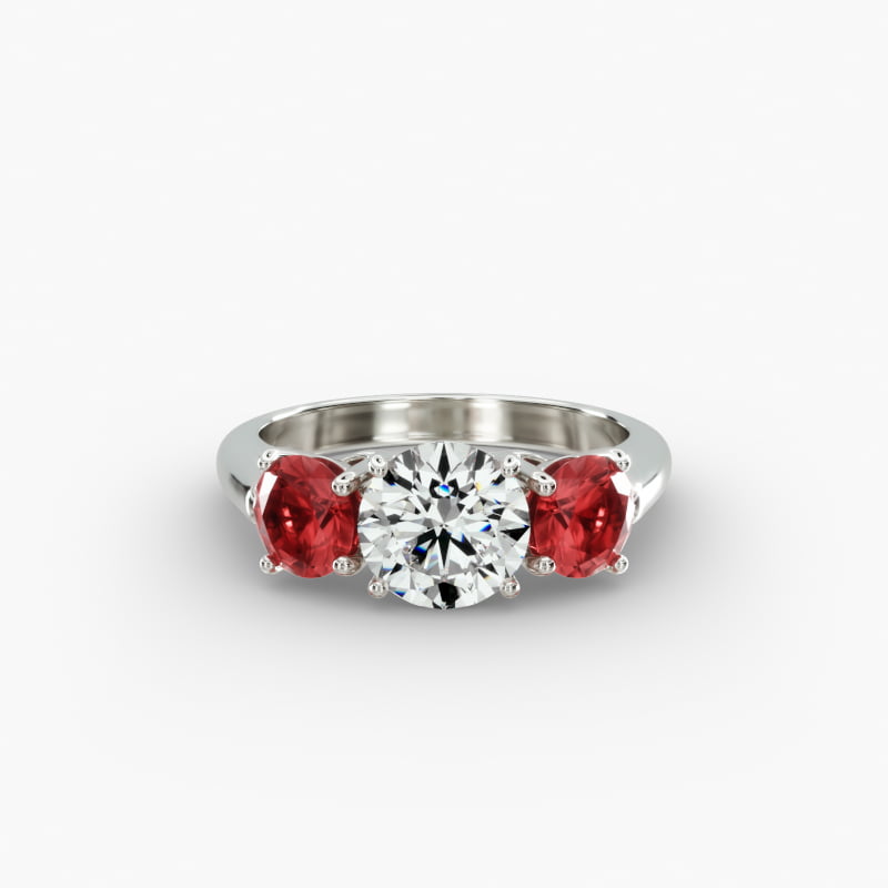 14K White Gold Three Stone Round Ruby Engagement Ring