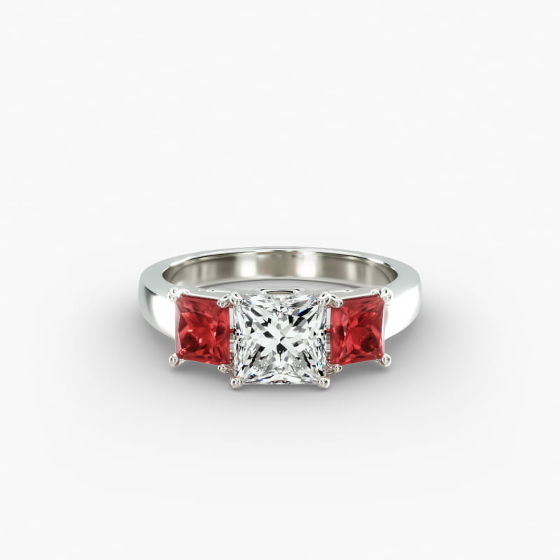 14K White Gold Three Stone Princess Shaped Ruby Engagement Ring