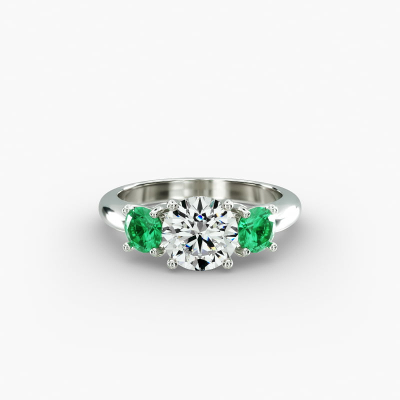 14K White Gold Three Stone Round Emerald Engagement Ring