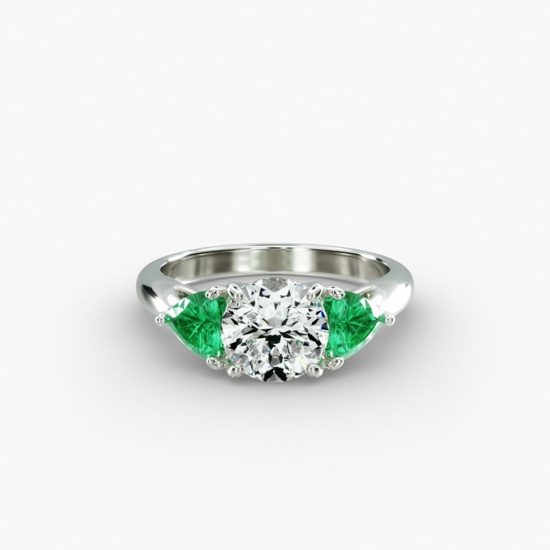 14K White Gold Three Stone Trillion Shaped Emerald Engagement Ring