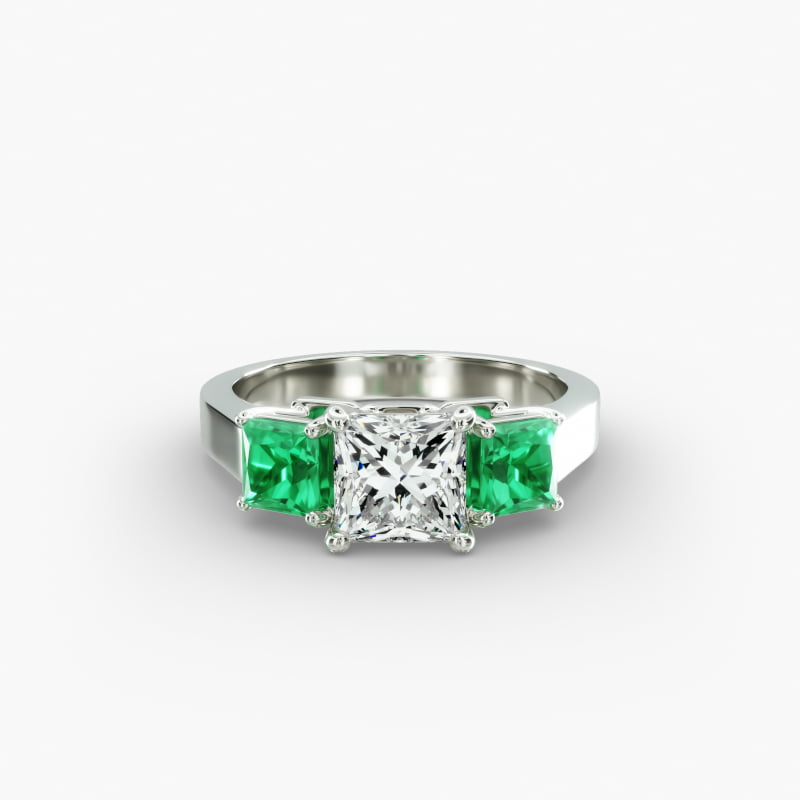 14K White Gold Three Stone Step-Cut Emerald Engagement Ring