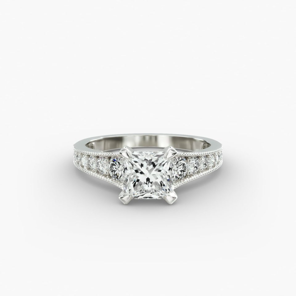 IGI Lab-Grown 1.47 Carat E-VS1 Very Good Cut Cushion Modified Diamond Reverse Taper Milgrain Diamond Engagement Ring