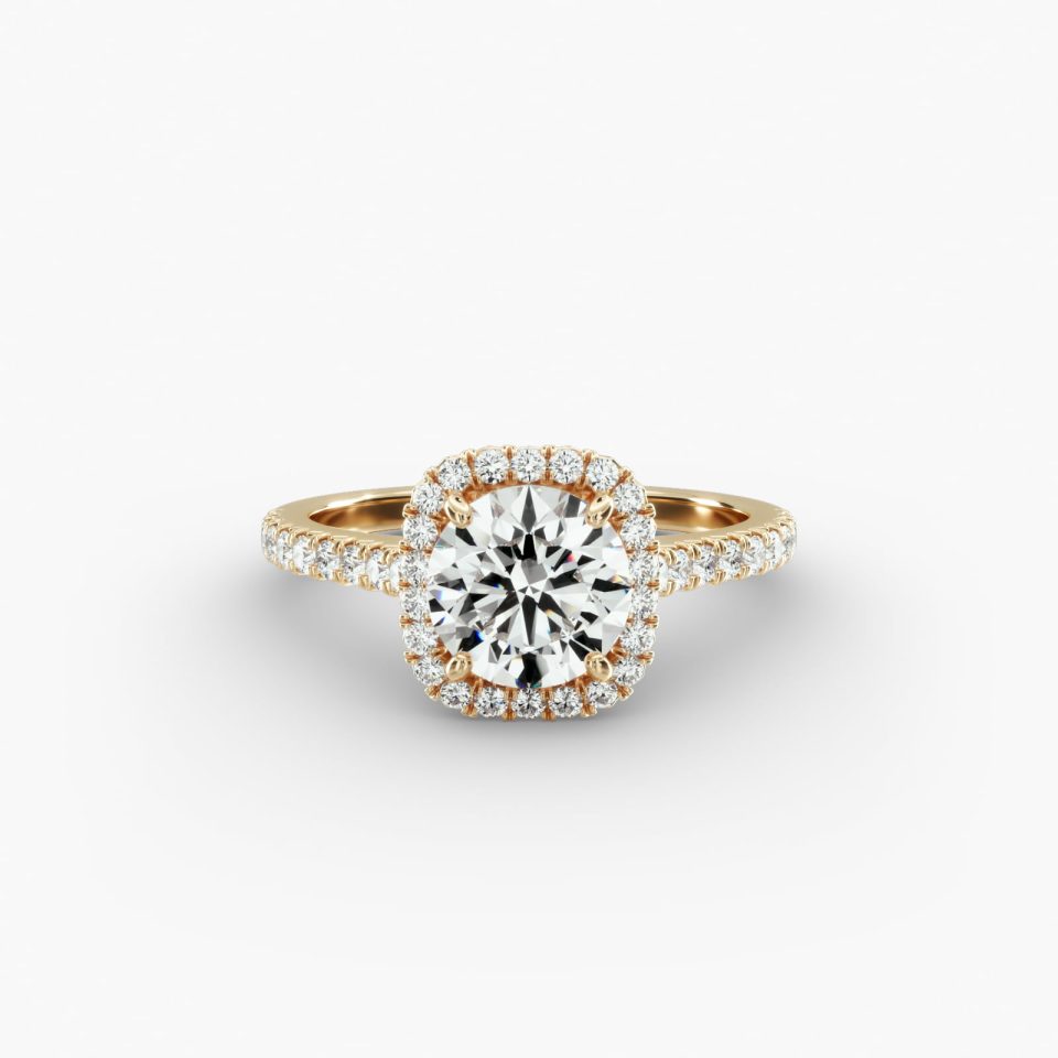 IGI Lab-Grown 1.37 Carat F-VS2 Ideal Cut Round Diamond Cushion Outline Pavé Engagement Ring