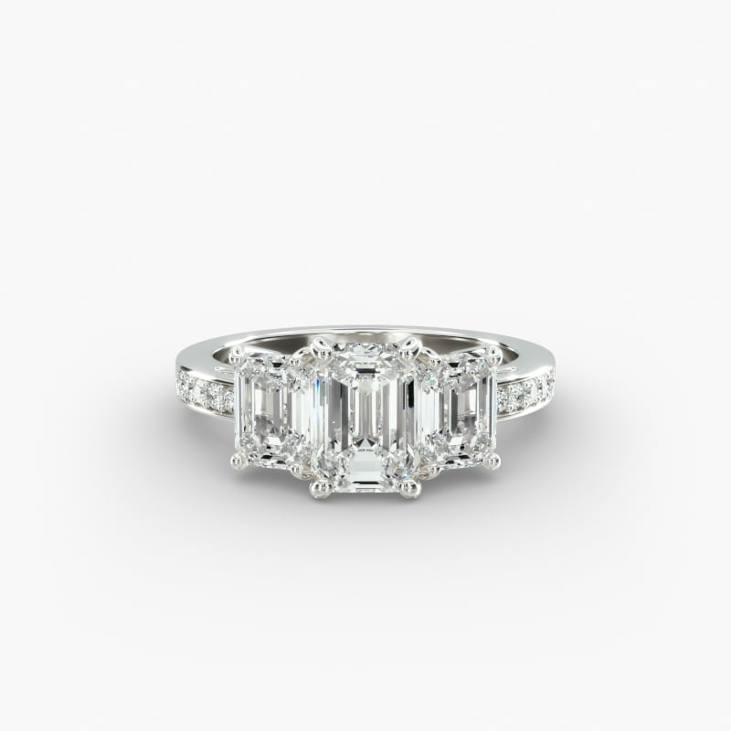 14K White Gold Three Stone Emerald and Pavé Set Diamond Engagement Ring