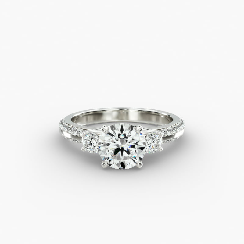 14K White Gold Three Stone Flowering Diamond Engagement Ring