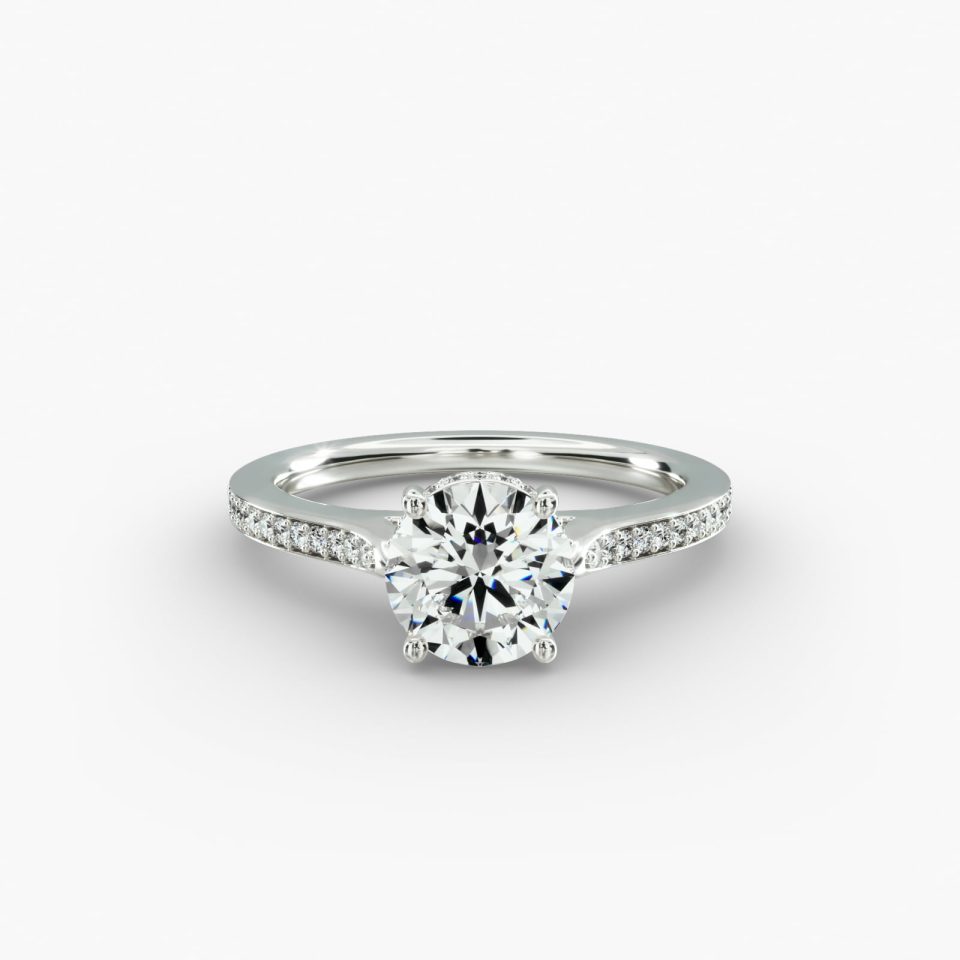 IGI Lab-Grown 1.52 Carat E-VS1 Ideal Cut Round Diamond Pavé Adorned Cathedral Engagement Ring