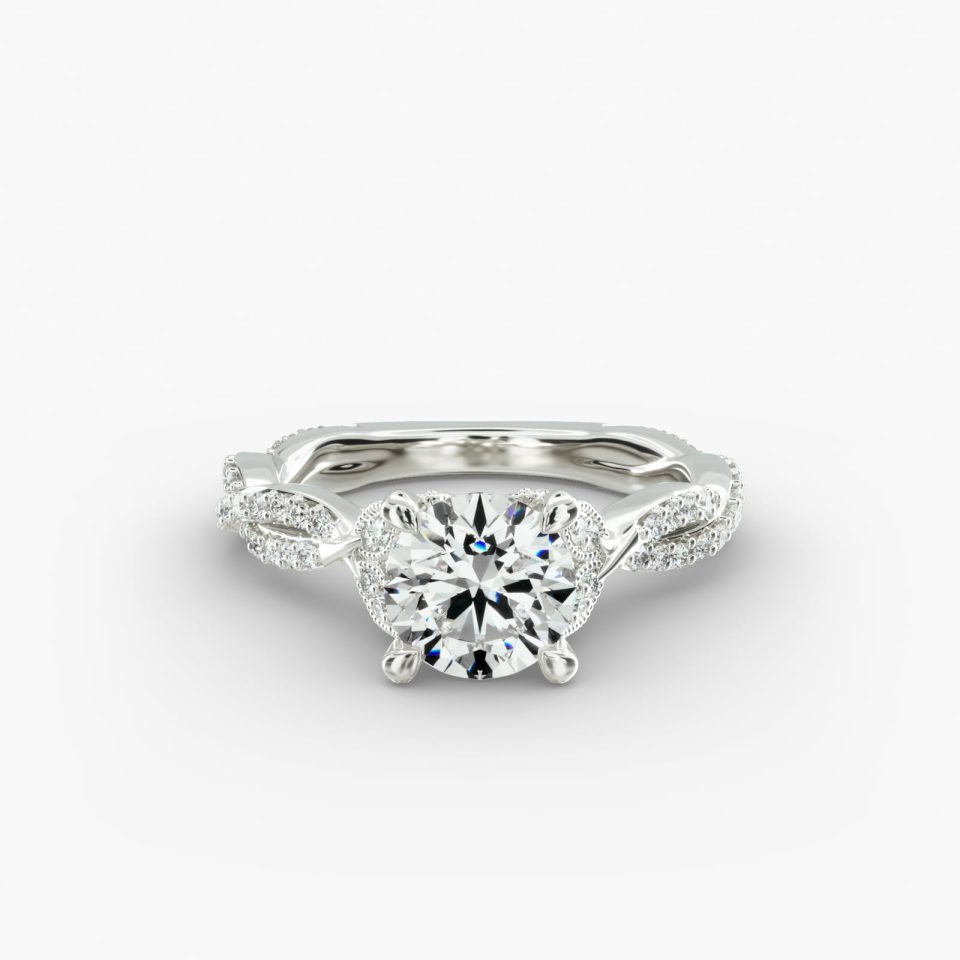 IGI Lab-Grown 1.63 Carat E-VS2 Ideal Cut Round Diamond Twisted Pavé Leaf Engagement Ring