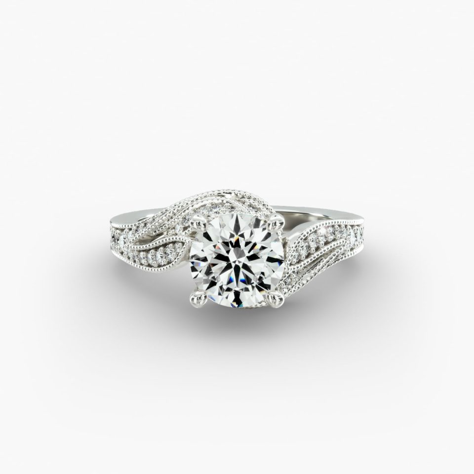 IGI Lab-Grown 1.65 Carat F-SI1 Ideal Cut Round Diamond Nature Inspired Pavé Diamond Bypass Engagement Ring
