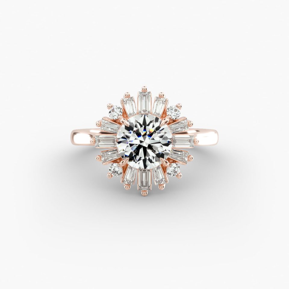 IGI Lab-Grown 1.23 Carat E-VS2 Ideal Cut Round Diamond Baguette Ballerina Halo Diamond Engagement Ring