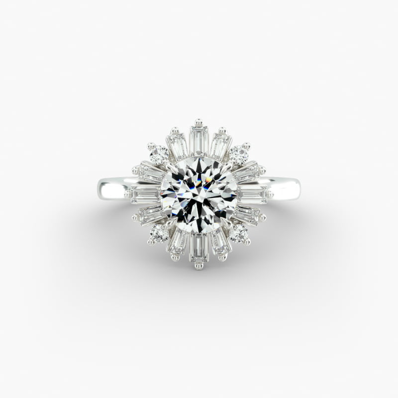 Baguette Ballerina Halo Diamond Engagement Ring