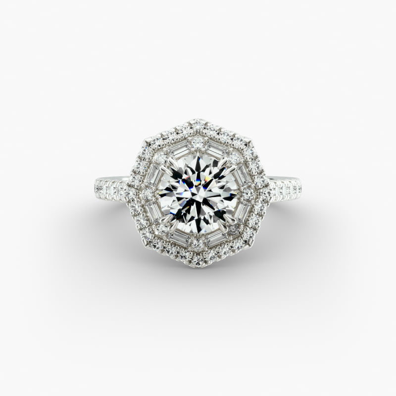 Octagonal Baguette and Round Double Halo Diamond Engagement Ring