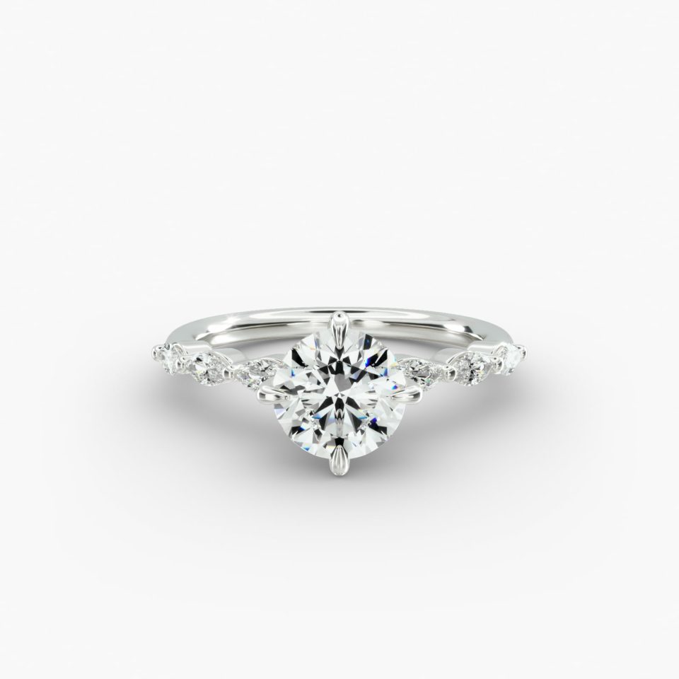 IGI Lab-Grown 1.35 Carat D-VS1 Ideal Cut Round Diamond Shared Prong Marquise Side Stone Diamond Engagement Ring