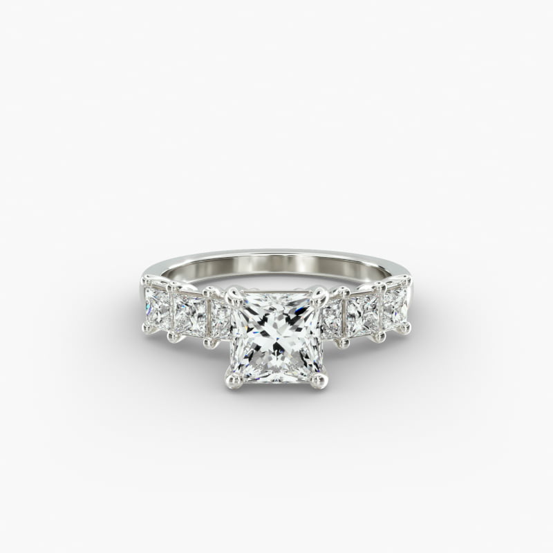 14K White Gold Princess Cut Side Stone Diamond Engagement Ring