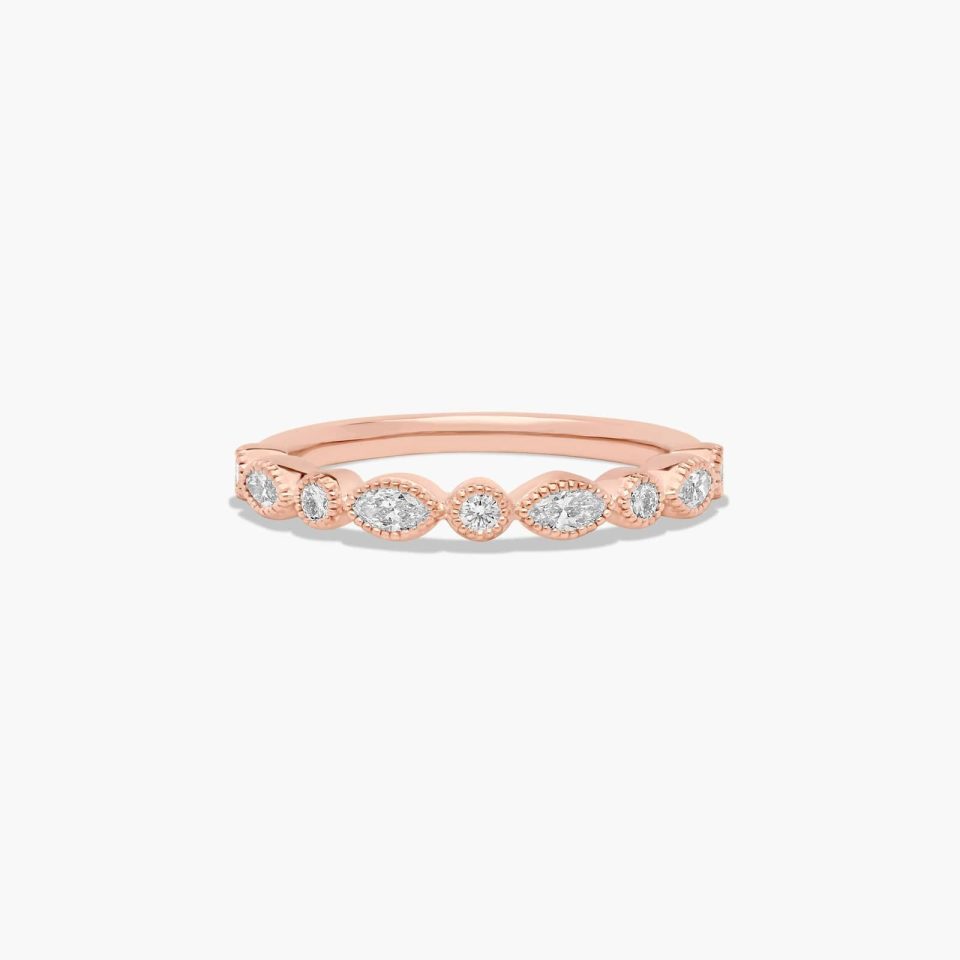 14K Rose Gold Round and Marquise Diamond Wedding Ring