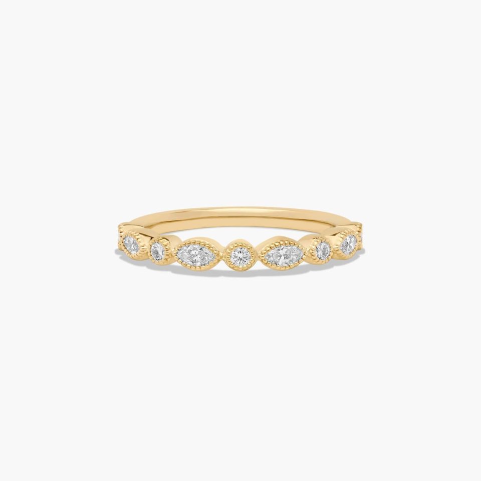 14K Yellow Gold Round and Marquise Diamond Wedding Ring