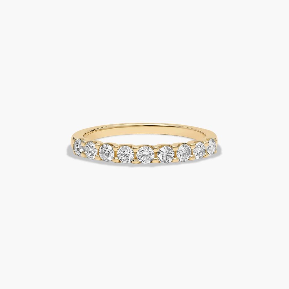18K Yellow Gold Nine Stone Shared Prong Contour Matching Wedding Band