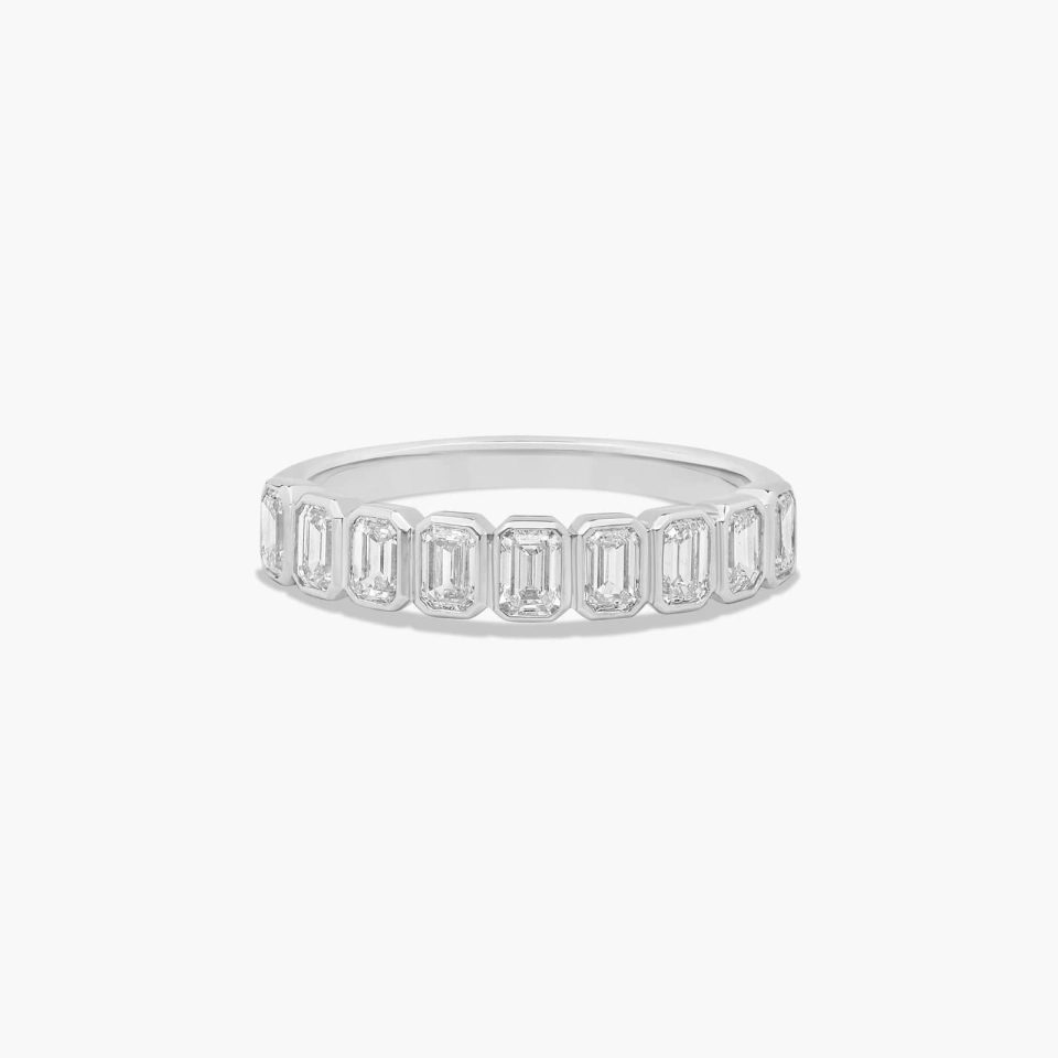 18K White Gold Bezel Set Emerald Cut Diamond Wedding Ring