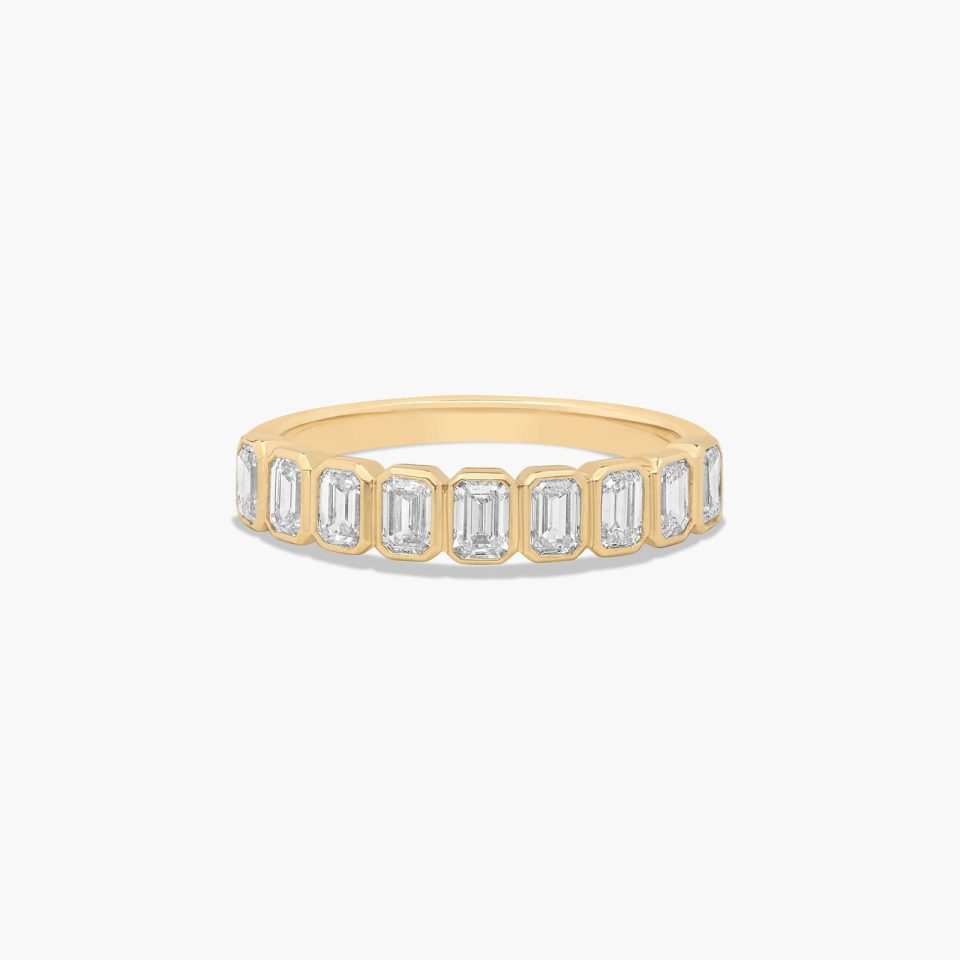 18K Yellow Gold Bezel Set Emerald Cut Diamond Wedding Ring