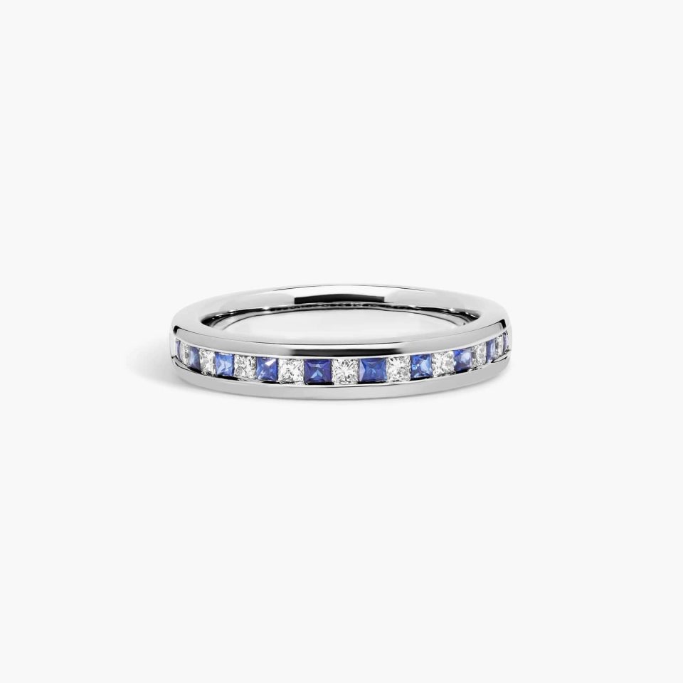 14K White Gold 0.25ctw Channel Set Alternating Princess Cut Diamond and Sapphire Ring