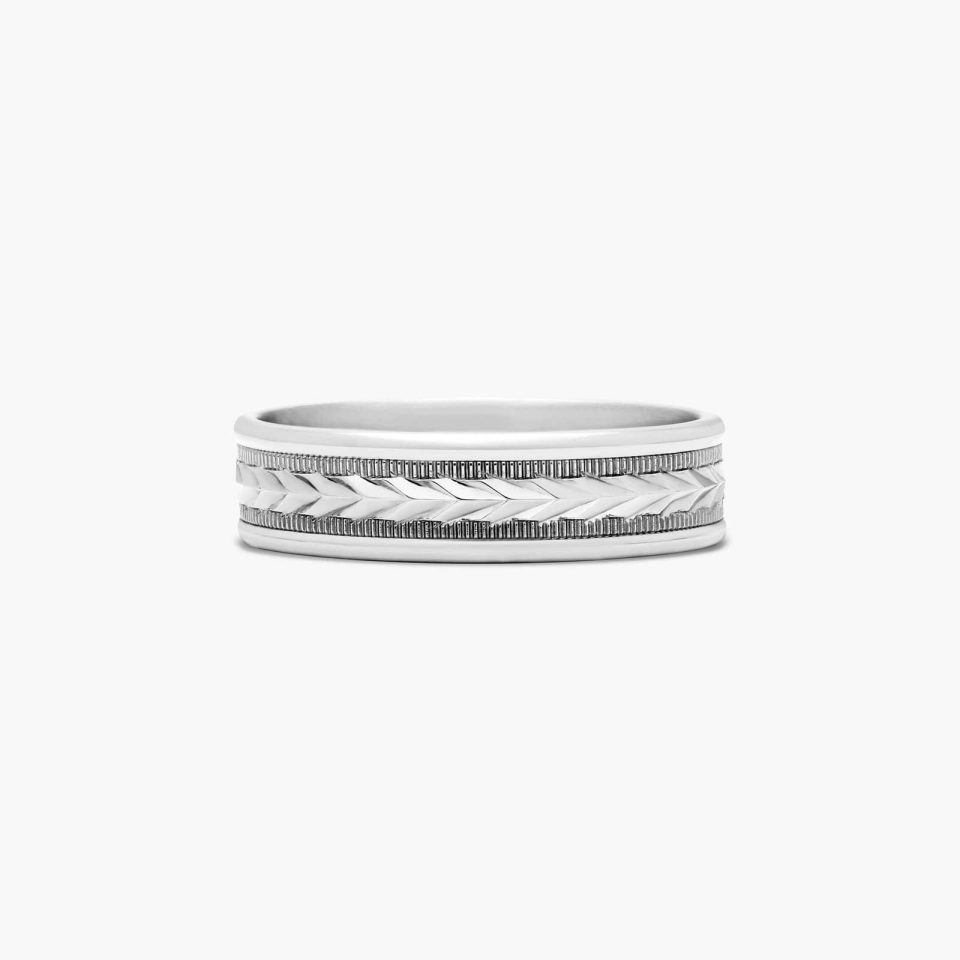 14K White Gold 6mm Arrow Design Comfort Fit Wedding Band