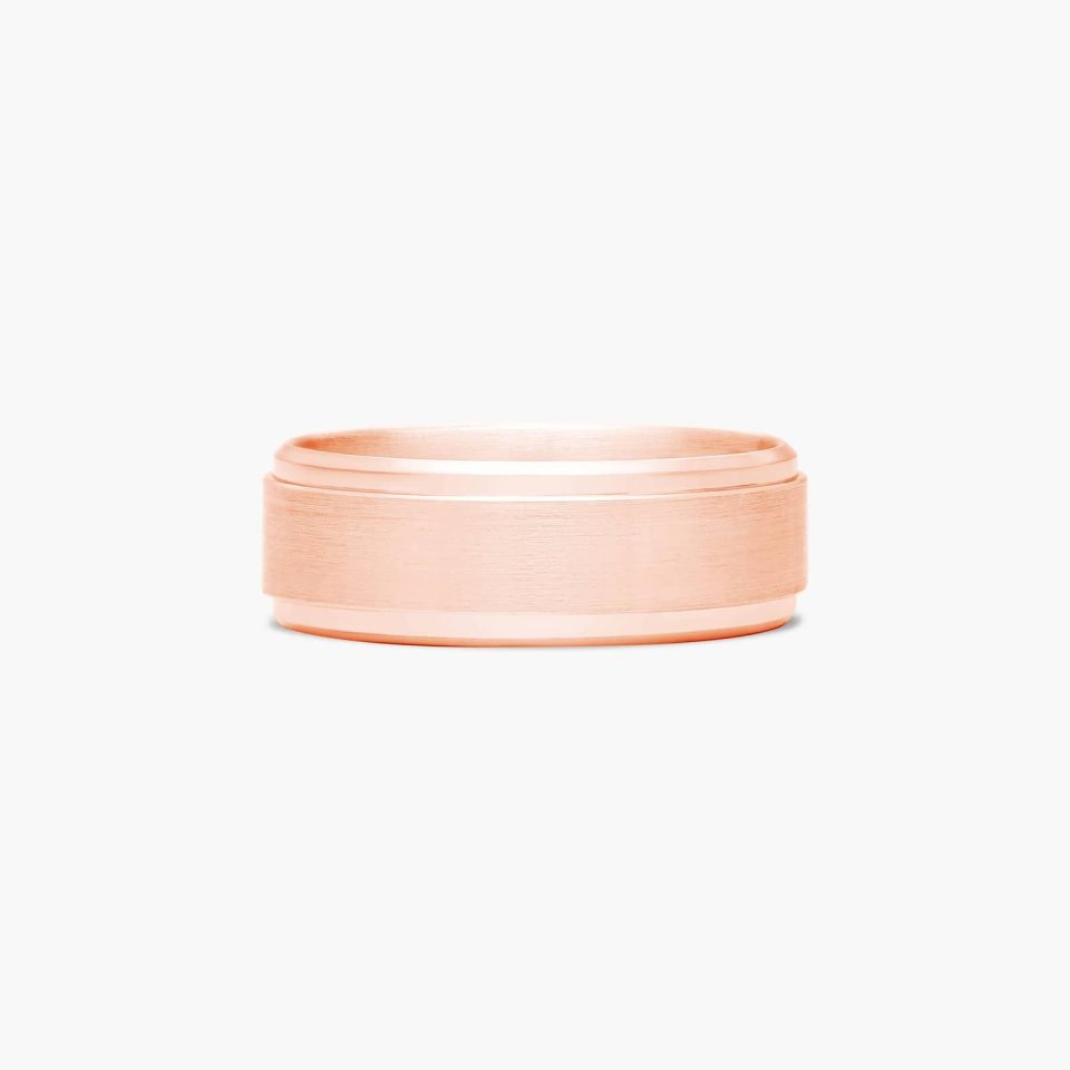 14K Rose Gold 8mm Comfort-Fit Satin-Finished Drop Beveled Edge Carved Design Band