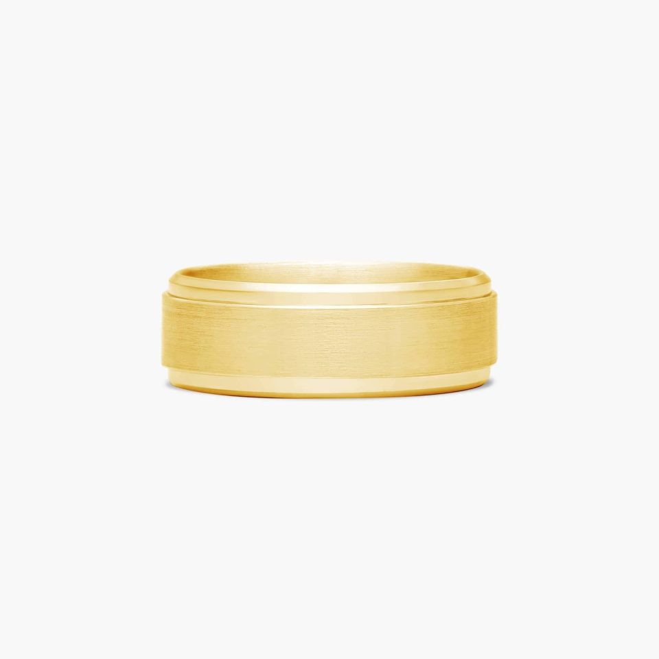 14K Yellow Gold 8mm Comfort-Fit Satin-Finished Drop Beveled Edge Carved Design Band