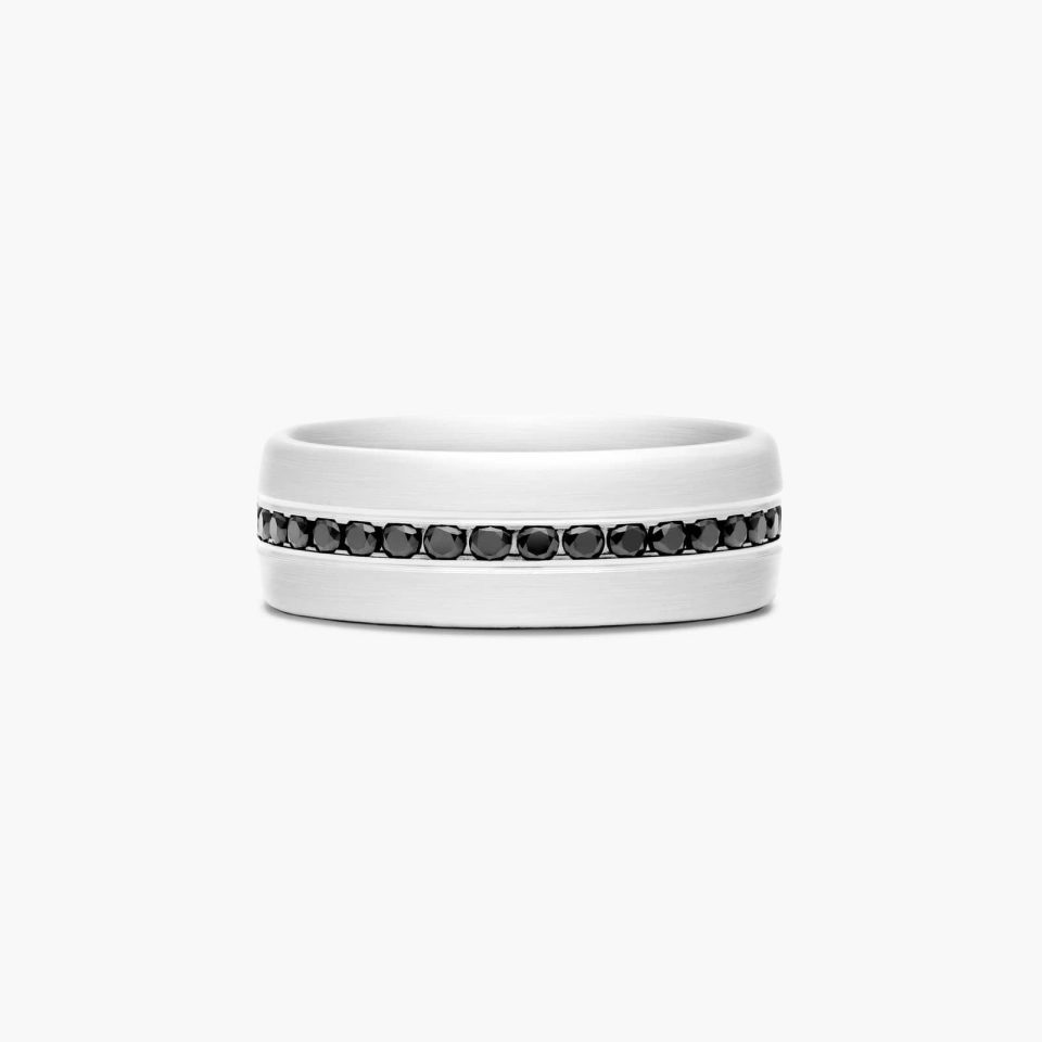 14k White Gold 7.5mm Comfort-Fit Channel Set 20-Stone Black Diamond Ring