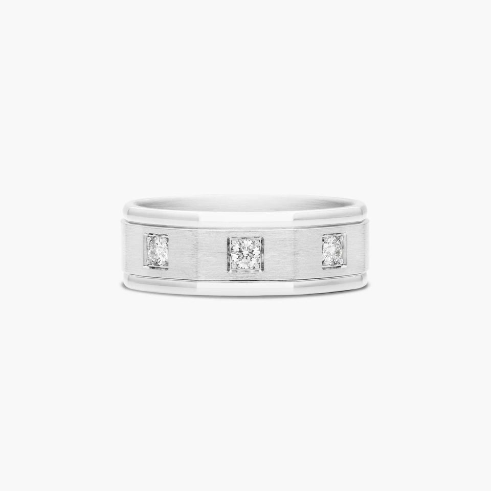 14k White Gold 8mm Comfort-Fit Pavé Set 3-Stone Diamond Ring