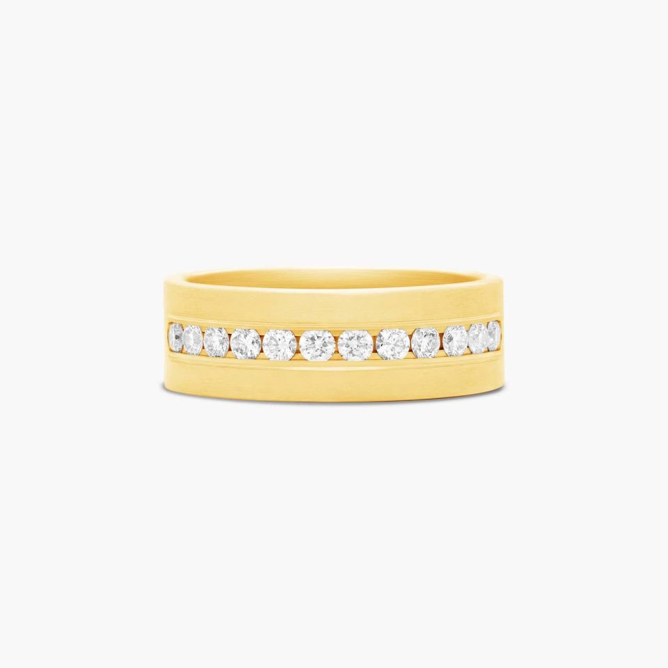 14K Yellow Gold 8mm Satin Finish Channel Set Diamond Band