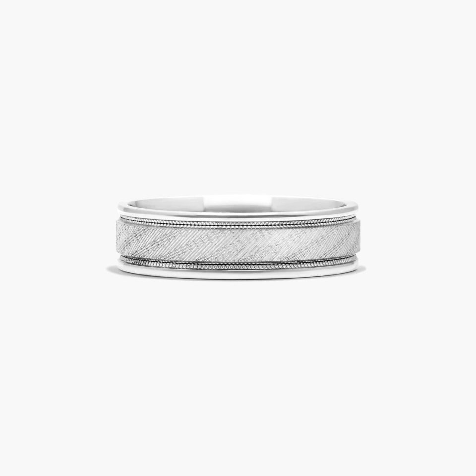 14K White Gold 6MM Cross Grain Cut Center Band