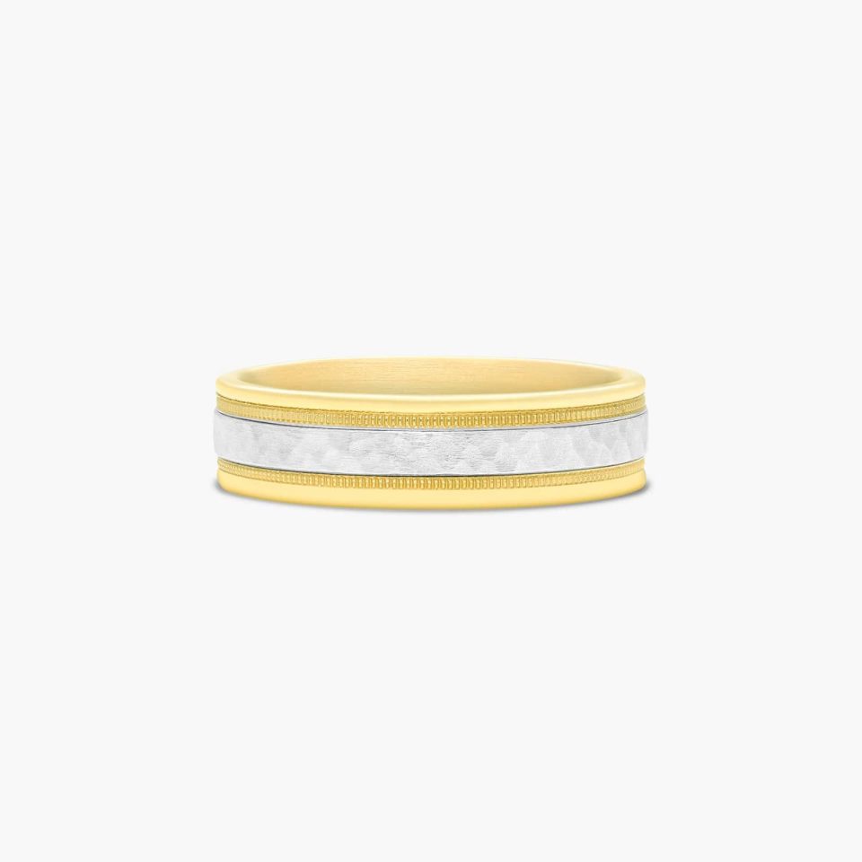 14K Yellow and White 6mm Comfort-Fit Hammered Band
