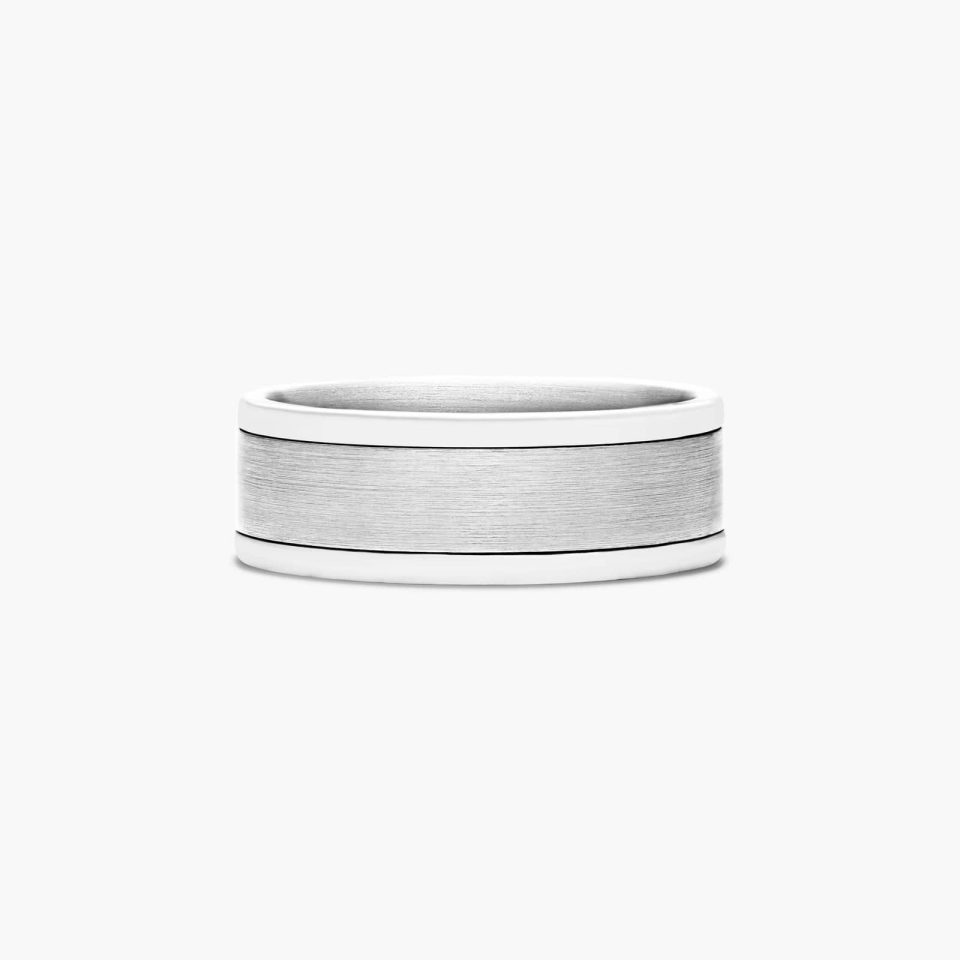 14K White Gold 8mm Comfort-Fit Satin Center with Beveled Edge Band