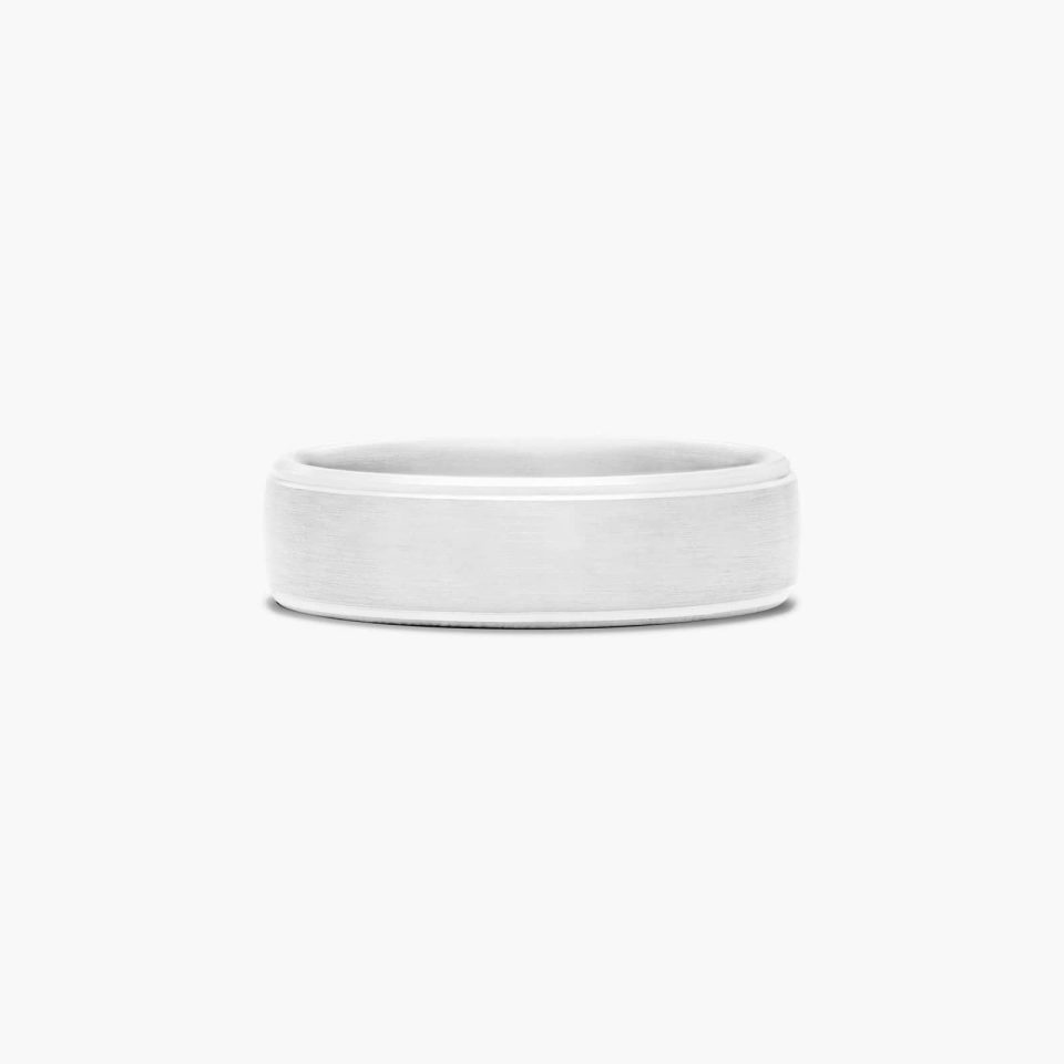 14K White Gold 6.5mm Comfort Fit Satin Center with High Polished Drop Edge Ring