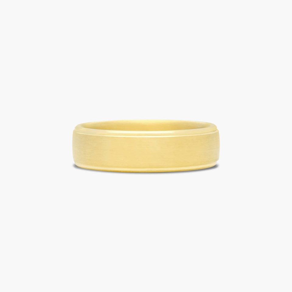 14K Yellow Gold 6.5mm Comfort Fit Satin Center with High Polished Drop Edge Ring