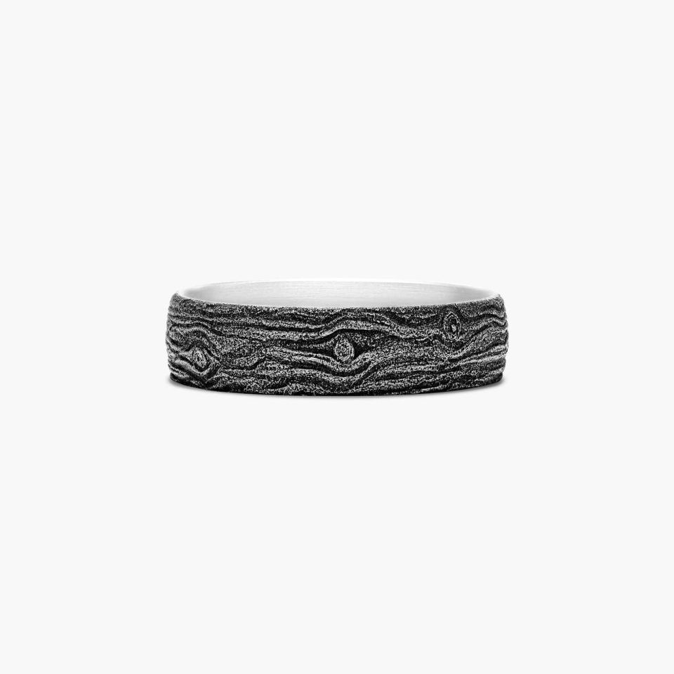 Platinum Blackened Log Knot Pattern Comfort Fit Ring