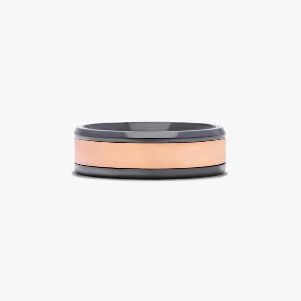 Black Titanium and 14K Rose Gold Satin Center 7mm Ring