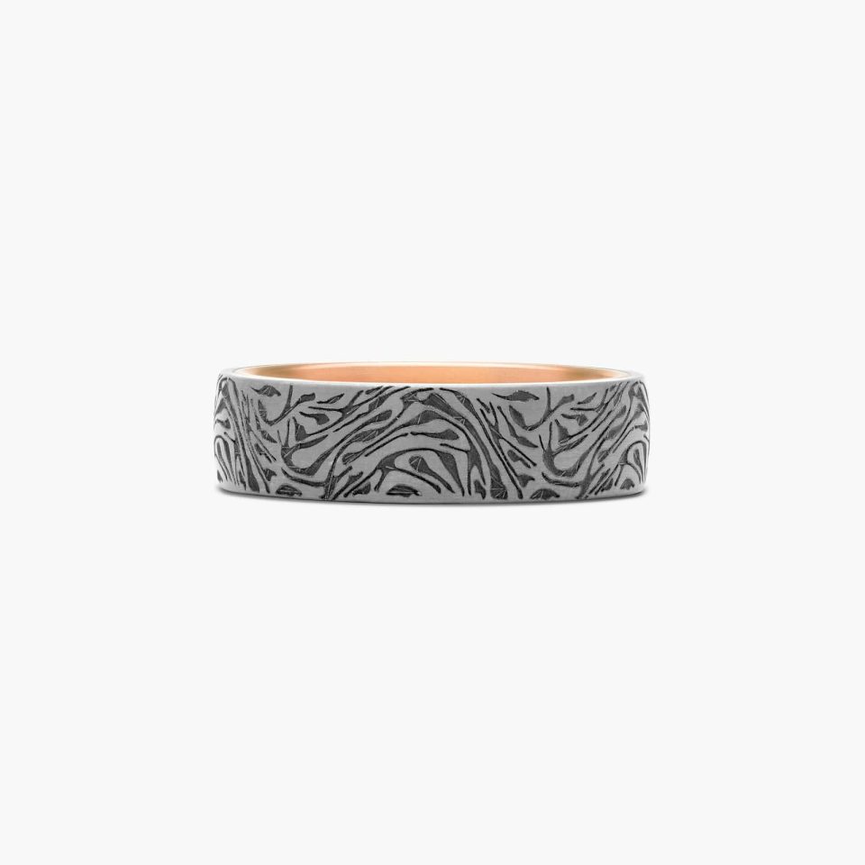 Grey Tantalum Faux Mokume Pattern with 14K Rose Gold Inside 6.5mm Ring