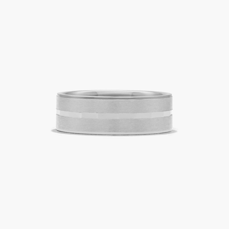 14K White Gold Satin Finish and Faceted Center Groove Band