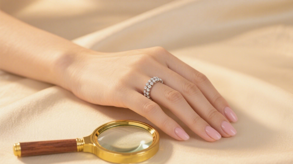 Close-up of a pavé diamond engagement ring with shimmering small diamonds set along the band
