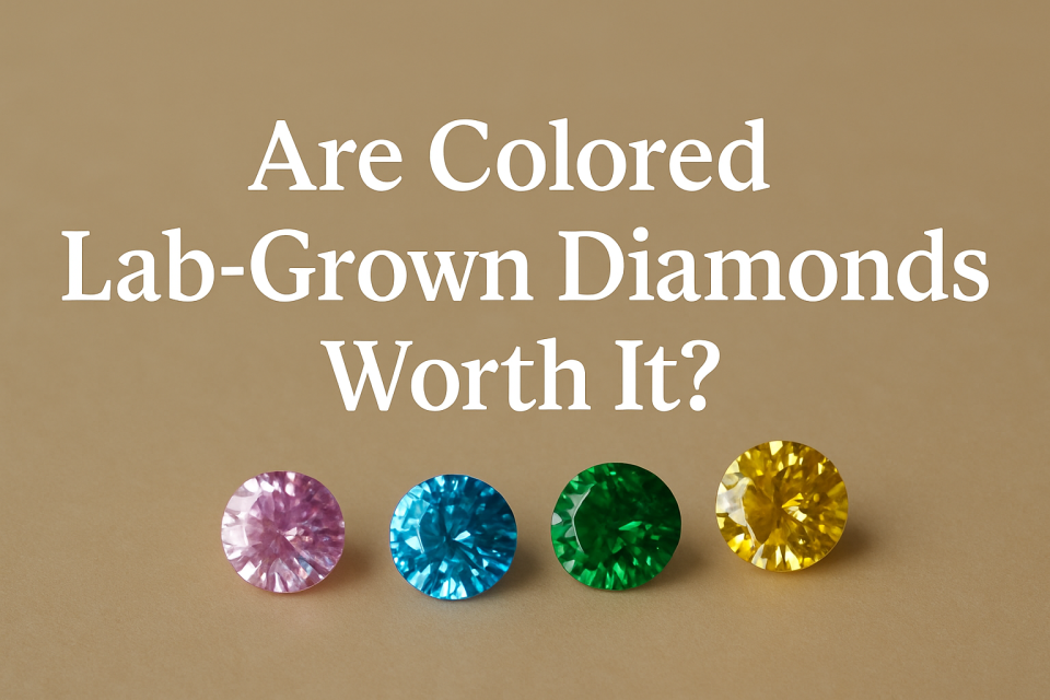 A close-up view of vivid lab-created diamonds in various colors, set against a soft luxury background.