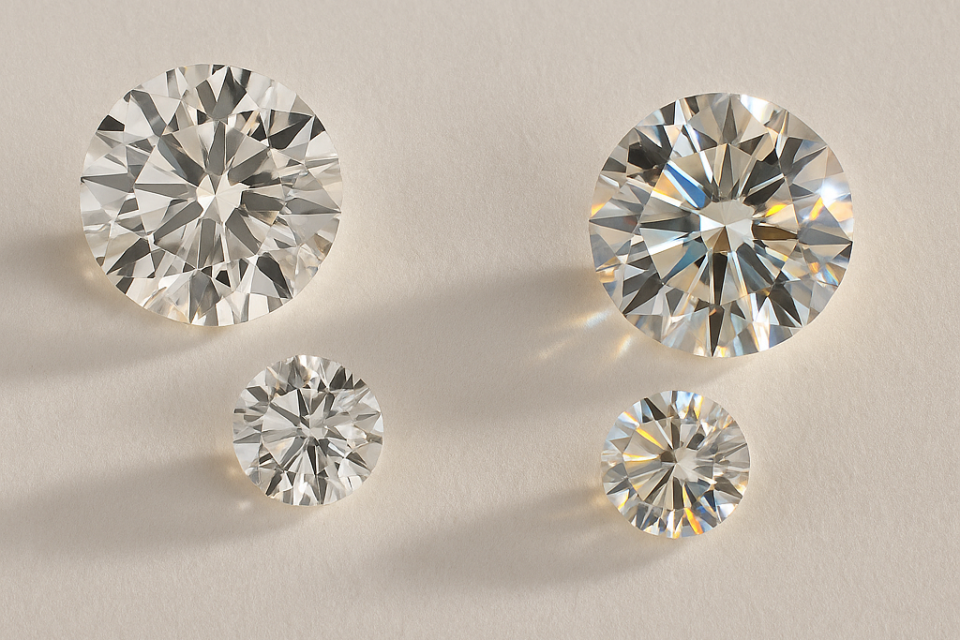 A high-resolution comparison of four gemstones, showcasing the visual differences between lab-grown diamonds and moissanite under natural lighting.