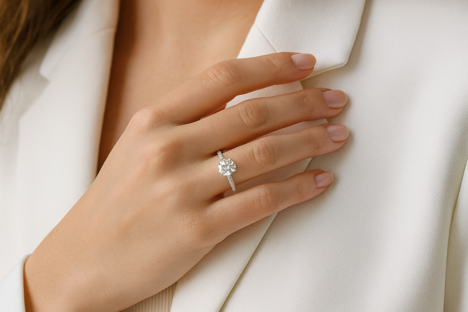 A close-up of a sparkling lab-grown diamond engagement ring worn by a female celebrity, highlighting the elegance and modern appeal of ethical luxury.