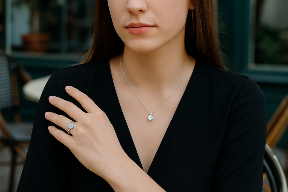 A woman seated in a city café, subtly displaying her custom lab-grown diamond ring and necklace — a perfect balance of individuality and sustainable luxury.