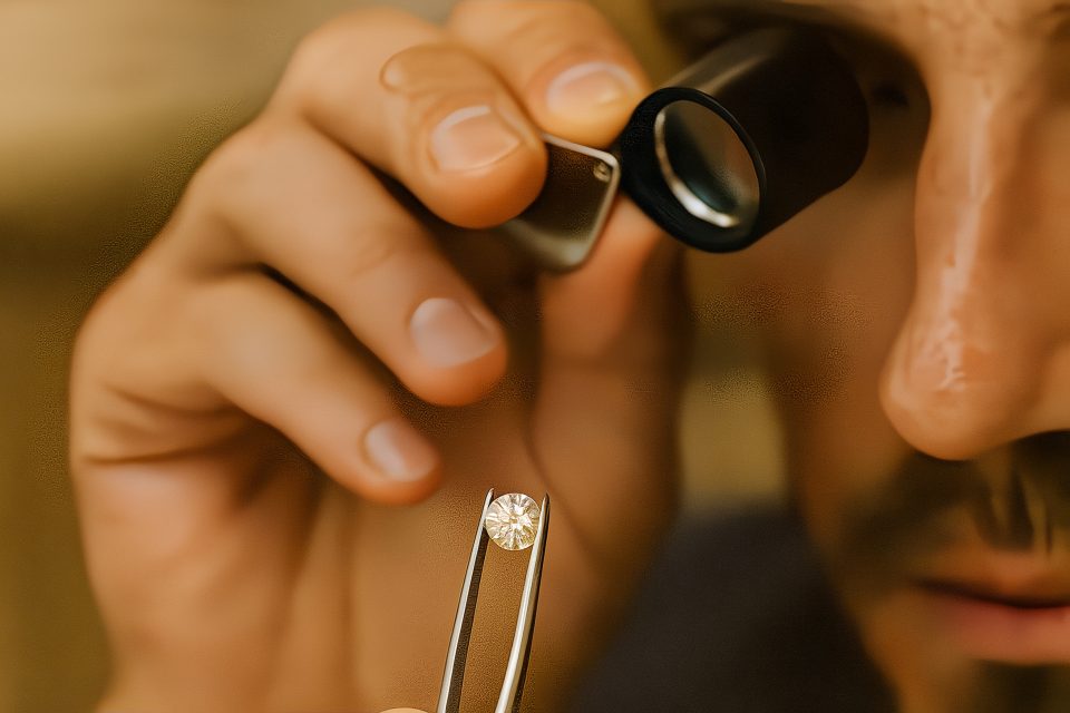 Close-up view comparing a lab-grown diamond and a natural diamond, emphasizing their physical similarities and unique characteristics.