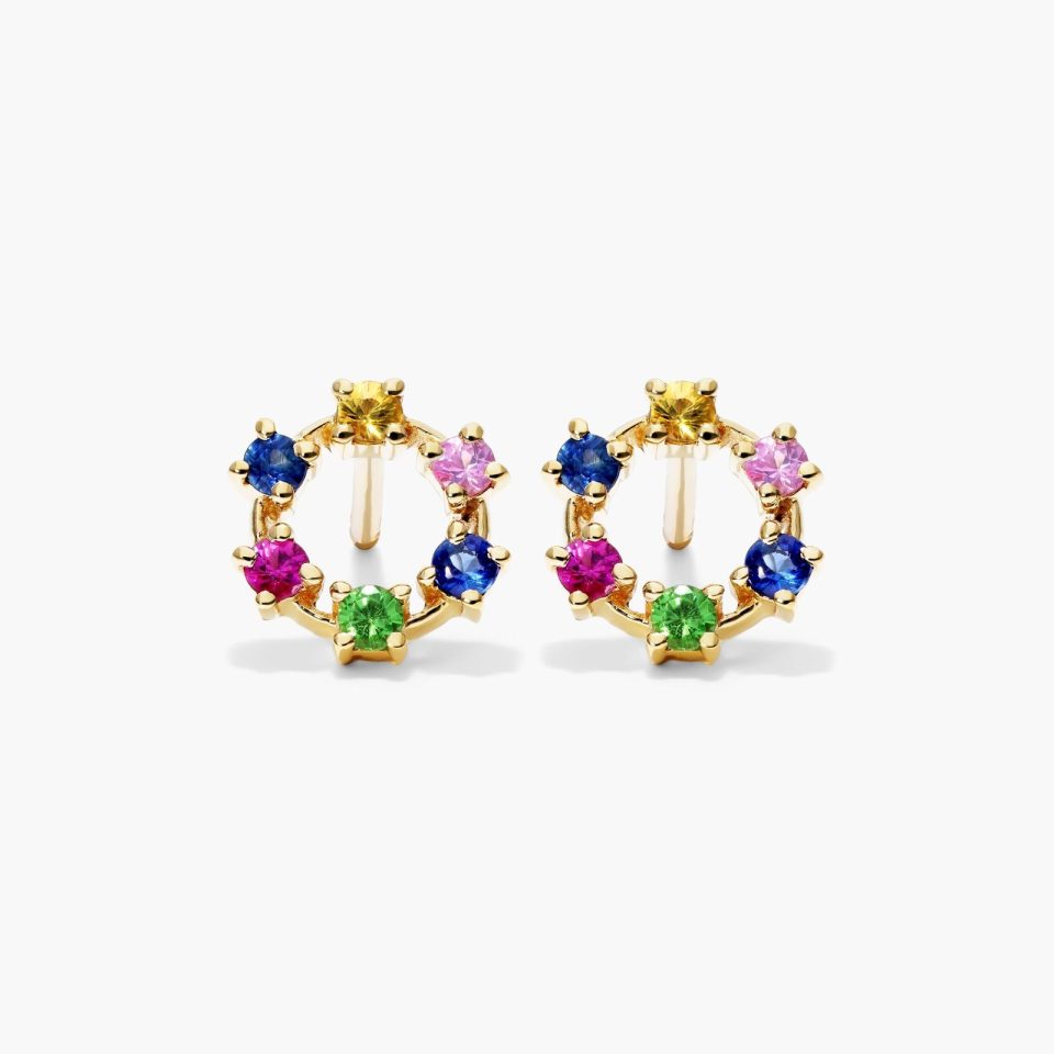 14K Yellow Gold Round Rainbow Sapphire Earrings