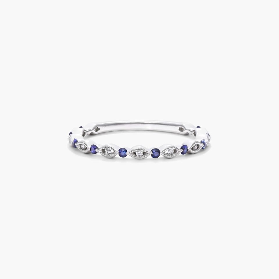 14K White Gold Alternating Setting Sapphire Diamond Stacking Band Ring