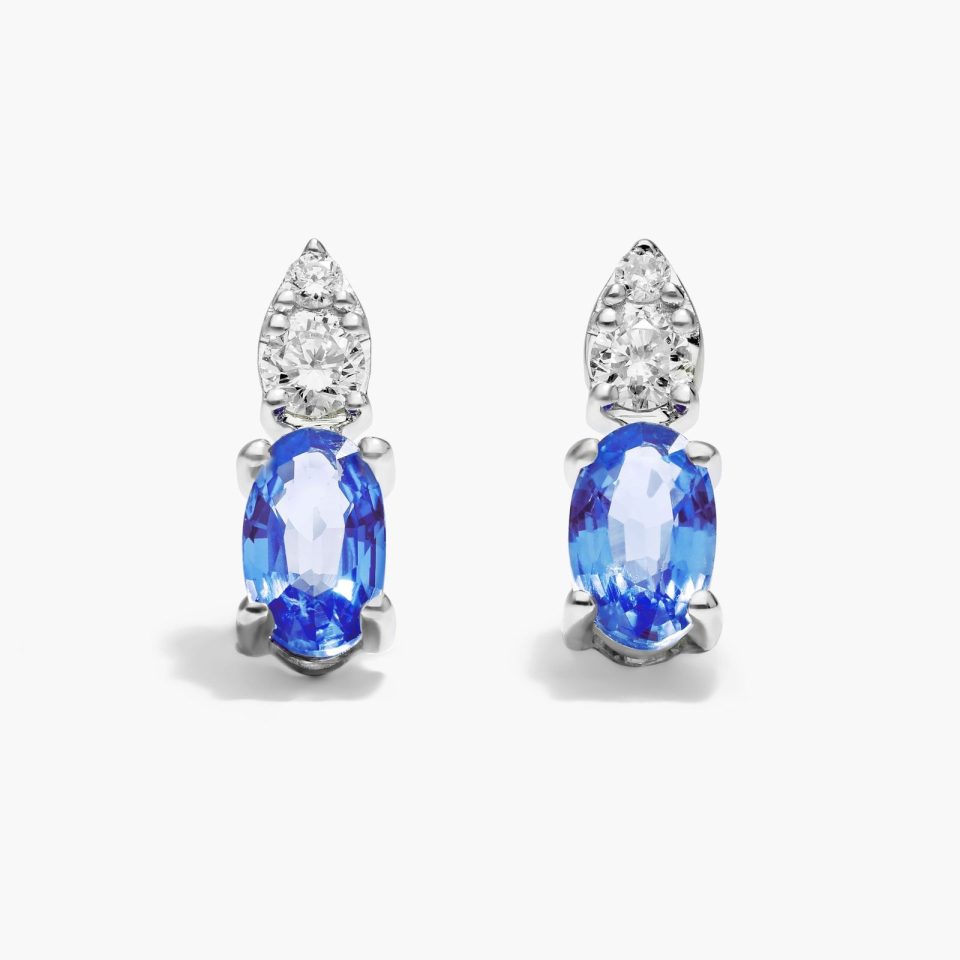 14K White Gold Blue Sapphire Diamond Stud Earrings
