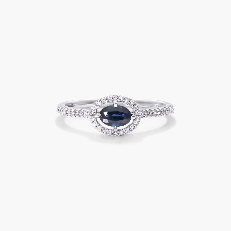 14K White Gold Oval Sapphire Diamond Halo Ring
