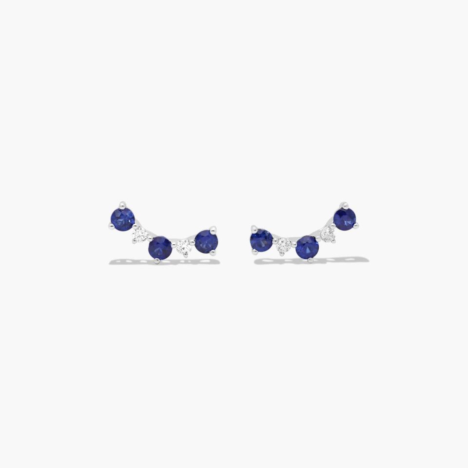 14K White Gold Blue Sapphire Diamond Crawling Earrings