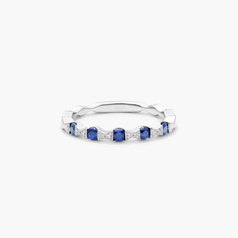 14K White Gold Blue Sapphire Diamond Alternating Ring